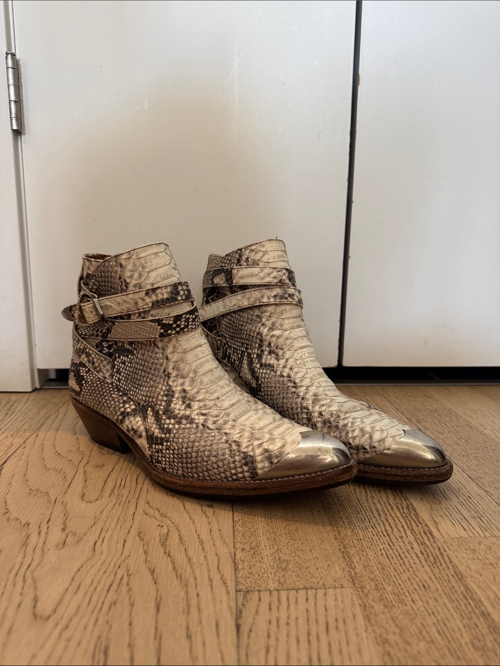 Isabel Marant Snake-Embossed Ankle Boots with Metallic Toe